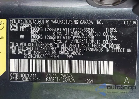 2007 Lexus Rx 350 z USA, uszkodzony, nr VIN 2T2HK31U07C009079